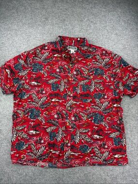 Duluth Trading Co Red Tropical Leaf Short-Sleeve Button-Down